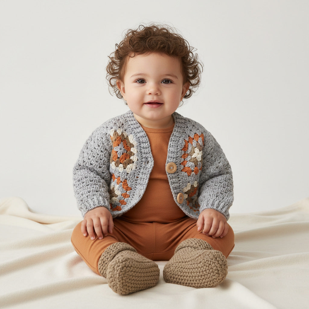 Baby trägt handgemachten Cardigan aus Baumwolle in Grau